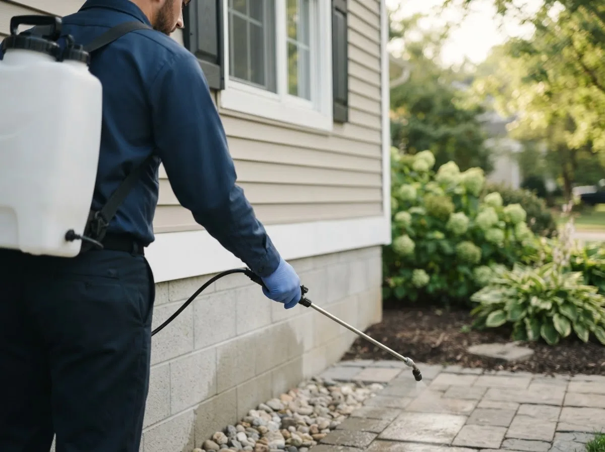 Pest control technician inspecting a home in Scottsburg, NY